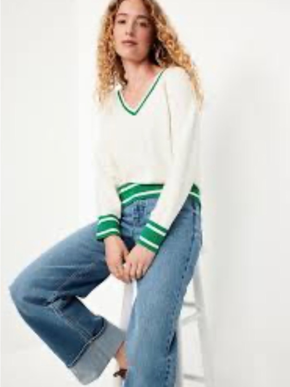 NWT Old Navy Cream V-Neck Sweater with Green Stripe Trim